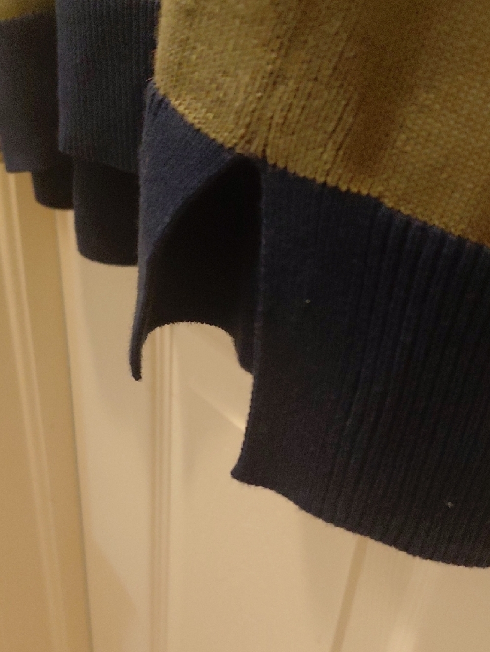 Talbots Olive Green V-Neck Cardigan with Yellow Trim and Navy Hem - Picture 4 of 7